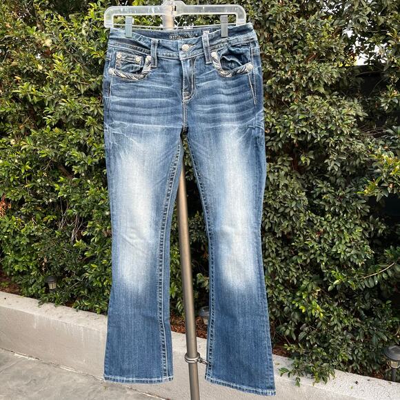 Miss Me Mid Rise EasyBoot Fleur Studded Y2K Blue Denim Jeans 26 - Picture 3 of 9